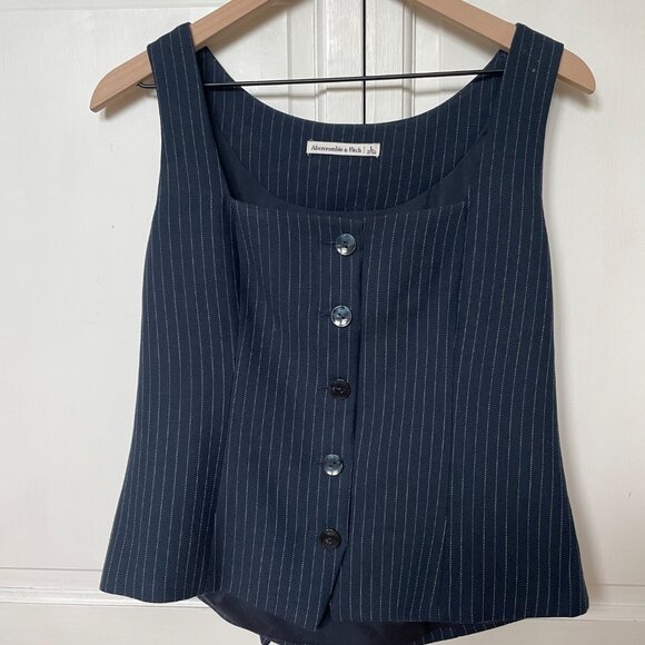 Abercrombie & Fitch Mara Tailored Vest Squareneck Set Top Navy Stripe L - Picture 4 of 5